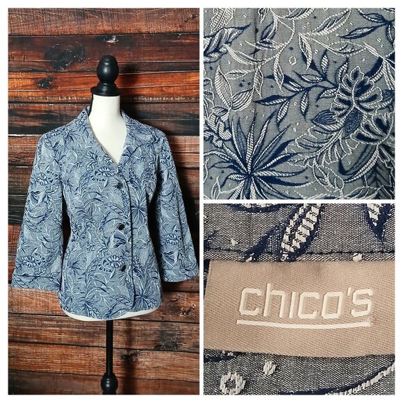 Chico's Blazer Jacket Size 1 US M Embroidered Botanical Button Front - Picture 1 of 10